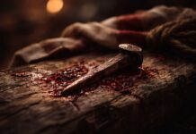 Viernes Santo: cuando el amor no se explica, sólo se contempla Primer plano de un clavo ensangrentado sobre madera rústica, con un paño y una cuerda desenfocados al fondo, en un ambiente oscuro y contemplativo.