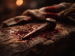 Viernes Santo: cuando el amor no se explica, sólo se contempla Primer plano de un clavo ensangrentado sobre madera rústica, con un paño y una cuerda desenfocados al fondo, en un ambiente oscuro y contemplativo.
