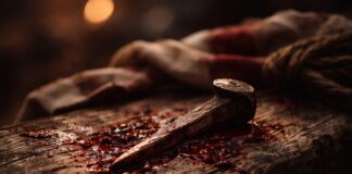 Viernes Santo: cuando el amor no se explica, sólo se contempla Primer plano de un clavo ensangrentado sobre madera rústica, con un paño y una cuerda desenfocados al fondo, en un ambiente oscuro y contemplativo.
