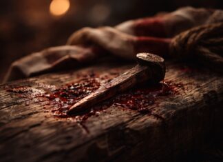 Viernes Santo: cuando el amor no se explica, sólo se contempla Primer plano de un clavo ensangrentado sobre madera rústica, con un paño y una cuerda desenfocados al fondo, en un ambiente oscuro y contemplativo.