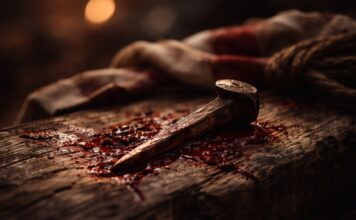 Viernes Santo: cuando el amor no se explica, sólo se contempla Primer plano de un clavo ensangrentado sobre madera rústica, con un paño y una cuerda desenfocados al fondo, en un ambiente oscuro y contemplativo.