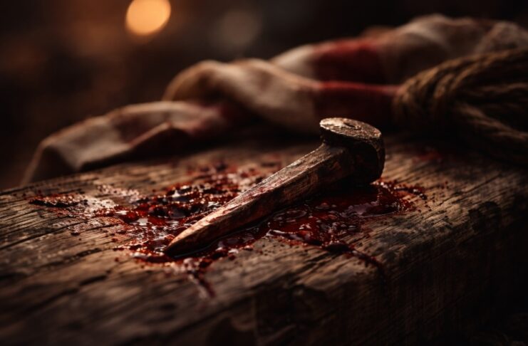 Viernes Santo: cuando el amor no se explica, sólo se contempla Primer plano de un clavo ensangrentado sobre madera rústica, con un paño y una cuerda desenfocados al fondo, en un ambiente oscuro y contemplativo.