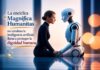 León XIV: inteligencia artificial puede afectar el alma humana Imagen conceptual de una mujer frente a un robot humanoide en un ambiente minimalista, acompañada de una frase sobre la encíclica “Magnifica Humanitas” y la defensa de la dignidad humana ante la inteligencia artificial.