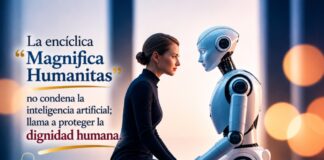 León XIV: inteligencia artificial puede afectar el alma humana Imagen conceptual de una mujer frente a un robot humanoide en un ambiente minimalista, acompañada de una frase sobre la encíclica “Magnifica Humanitas” y la defensa de la dignidad humana ante la inteligencia artificial.