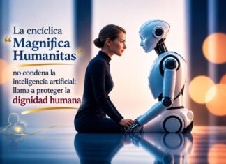 León XIV: inteligencia artificial puede afectar el alma humana Imagen conceptual de una mujer frente a un robot humanoide en un ambiente minimalista, acompañada de una frase sobre la encíclica “Magnifica Humanitas” y la defensa de la dignidad humana ante la inteligencia artificial.