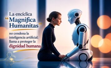 León XIV: inteligencia artificial puede afectar el alma humana Imagen conceptual de una mujer frente a un robot humanoide en un ambiente minimalista, acompañada de una frase sobre la encíclica “Magnifica Humanitas” y la defensa de la dignidad humana ante la inteligencia artificial.