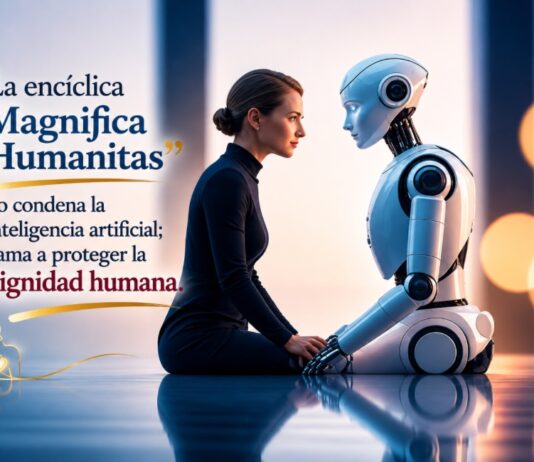 León XIV: inteligencia artificial puede afectar el alma humana Imagen conceptual de una mujer frente a un robot humanoide en un ambiente minimalista, acompañada de una frase sobre la encíclica “Magnifica Humanitas” y la defensa de la dignidad humana ante la inteligencia artificial.