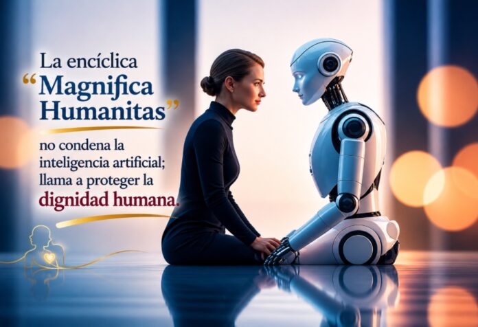 Imagen conceptual de una mujer frente a un robot humanoide en un ambiente minimalista, acompañada de una frase sobre la encíclica “Magnifica Humanitas” y la defensa de la dignidad humana ante la inteligencia artificial.