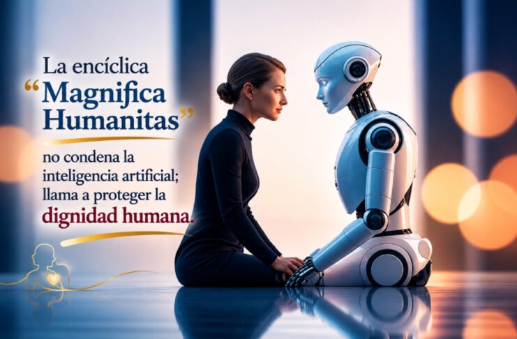 León XIV: inteligencia artificial puede afectar el alma humana Imagen conceptual de una mujer frente a un robot humanoide en un ambiente minimalista, acompañada de una frase sobre la encíclica “Magnifica Humanitas” y la defensa de la dignidad humana ante la inteligencia artificial.