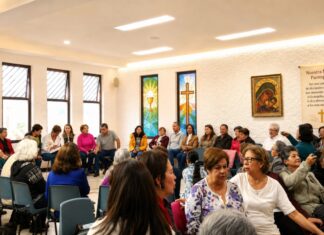 La fe también necesita ser explicada: las encíclicas no deberían quedarse en los escritorios Grupo pastoral católico reunido en un salón parroquial durante una actividad comunitaria y de formación, con símbolos religiosos visibles y ambiente de diálogo.