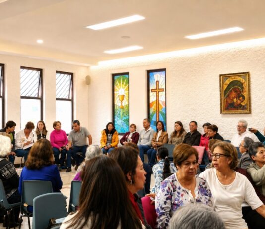 La fe también necesita ser explicada: las encíclicas no deberían quedarse en los escritorios Grupo pastoral católico reunido en un salón parroquial durante una actividad comunitaria y de formación, con símbolos religiosos visibles y ambiente de diálogo.