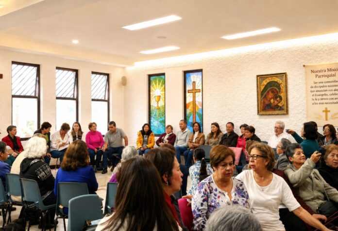 Grupo pastoral católico reunido en un salón parroquial durante una actividad comunitaria y de formación, con símbolos religiosos visibles y ambiente de diálogo.