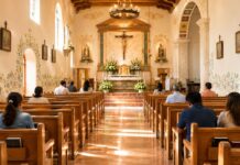 ¿Por qué la Misa ya no ocupa el centro de nuestra vida? Interior de una iglesia católica iluminada con luz natural. Varias personas permanecen sentadas en las bancas mientras observan el altar en un ambiente de silencio, oración y recogimiento.