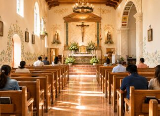 ¿Por qué la Misa ya no ocupa el centro de nuestra vida? Interior de una iglesia católica iluminada con luz natural. Varias personas permanecen sentadas en las bancas mientras observan el altar en un ambiente de silencio, oración y recogimiento.