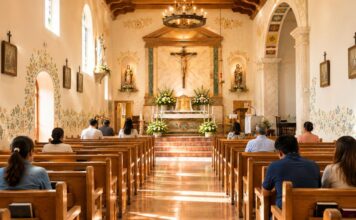 ¿Por qué la Misa ya no ocupa el centro de nuestra vida? Interior de una iglesia católica iluminada con luz natural. Varias personas permanecen sentadas en las bancas mientras observan el altar en un ambiente de silencio, oración y recogimiento.