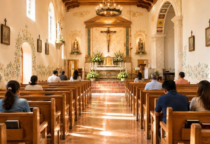 Interior de una iglesia católica iluminada con luz natural. Varias personas permanecen sentadas en las bancas mientras observan el altar en un ambiente de silencio, oración y recogimiento.