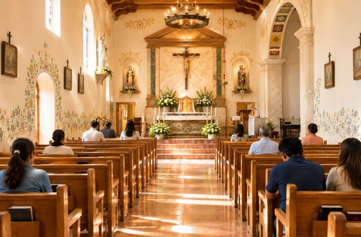 ¿Por qué la Misa ya no ocupa el centro de nuestra vida? Interior de una iglesia católica iluminada con luz natural. Varias personas permanecen sentadas en las bancas mientras observan el altar en un ambiente de silencio, oración y recogimiento.