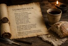 La Eucaristía según san Pablo: el testimonio más antiguo de la fe cristiana Pergamino abierto con el texto de 1 Corintios 11 sobre la institución de la Eucaristía, junto a un pan y una copa de vino sobre una mesa de madera iluminada por una lámpara.