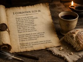 La Eucaristía según san Pablo: el testimonio más antiguo de la fe cristiana Pergamino abierto con el texto de 1 Corintios 11 sobre la institución de la Eucaristía, junto a un pan y una copa de vino sobre una mesa de madera iluminada por una lámpara.