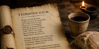 La Eucaristía según san Pablo: el testimonio más antiguo de la fe cristiana Pergamino abierto con el texto de 1 Corintios 11 sobre la institución de la Eucaristía, junto a un pan y una copa de vino sobre una mesa de madera iluminada por una lámpara.