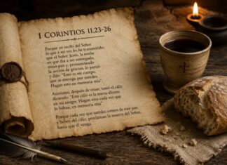 La Eucaristía según san Pablo: el testimonio más antiguo de la fe cristiana Pergamino abierto con el texto de 1 Corintios 11 sobre la institución de la Eucaristía, junto a un pan y una copa de vino sobre una mesa de madera iluminada por una lámpara.