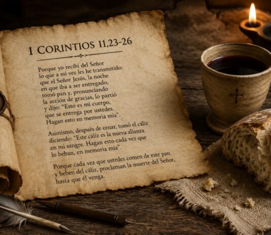 La Eucaristía según san Pablo: el testimonio más antiguo de la fe cristiana Pergamino abierto con el texto de 1 Corintios 11 sobre la institución de la Eucaristía, junto a un pan y una copa de vino sobre una mesa de madera iluminada por una lámpara.