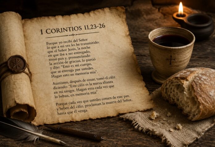Pablo y la Eucaristía Pergamino abierto con el texto de 1 Corintios 11 sobre la institución de la Eucaristía, junto a un pan y una copa de vino sobre una mesa de madera iluminada por una lámpara.