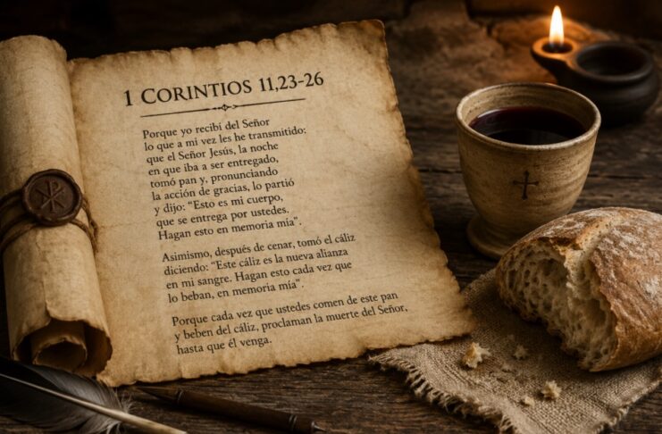 La Eucaristía según san Pablo: el testimonio más antiguo de la fe cristiana Pergamino abierto con el texto de 1 Corintios 11 sobre la institución de la Eucaristía, junto a un pan y una copa de vino sobre una mesa de madera iluminada por una lámpara.