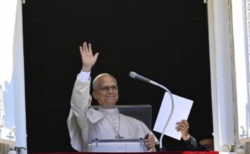 Sólo en la cruz de Cristo el mal encuentra redención, afirma el Papa León XIV El Papa León XIV saluda con la mano desde la ventana del Palacio Apostólico durante el rezo del Ángelus, sosteniendo el texto de su mensaje.