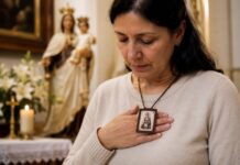 Nuestra Señora del Carmen: mucho más que un escapulario Mujer en oración con el escapulario de Nuestra Señora del Carmen sobre el pecho, en actitud de profunda devoción dentro de un templo católico.