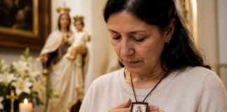 Nuestra Señora del Carmen: mucho más que un escapulario Mujer en oración con el escapulario de Nuestra Señora del Carmen sobre el pecho, en actitud de profunda devoción dentro de un templo católico.