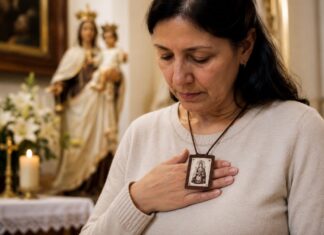 Nuestra Señora del Carmen: mucho más que un escapulario Mujer en oración con el escapulario de Nuestra Señora del Carmen sobre el pecho, en actitud de profunda devoción dentro de un templo católico.