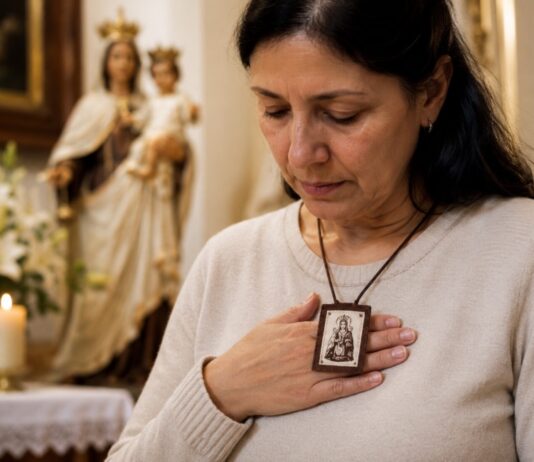 Nuestra Señora del Carmen: mucho más que un escapulario Mujer en oración con el escapulario de Nuestra Señora del Carmen sobre el pecho, en actitud de profunda devoción dentro de un templo católico.