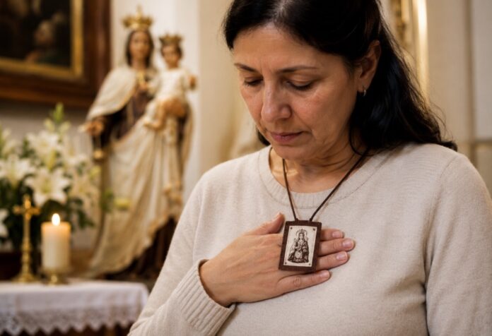 Escapulario Mujer en oración con el escapulario de Nuestra Señora del Carmen sobre el pecho, en actitud de profunda devoción dentro de un templo católico.