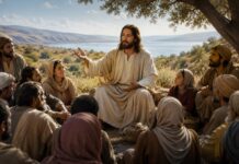 El Reino de Dios: aprender a vivir como discípulos a través de las parábolas Jesús enseña una parábola a una multitud reunida al aire libre mientras sus discípulos y el pueblo escuchan atentamente.