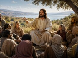 El Reino de Dios: aprender a vivir como discípulos a través de las parábolas Jesús enseña una parábola a una multitud reunida al aire libre mientras sus discípulos y el pueblo escuchan atentamente.