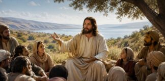 El Reino de Dios: aprender a vivir como discípulos a través de las parábolas Jesús enseña una parábola a una multitud reunida al aire libre mientras sus discípulos y el pueblo escuchan atentamente.