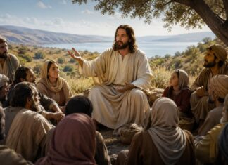 El Reino de Dios: aprender a vivir como discípulos a través de las parábolas Jesús enseña una parábola a una multitud reunida al aire libre mientras sus discípulos y el pueblo escuchan atentamente.