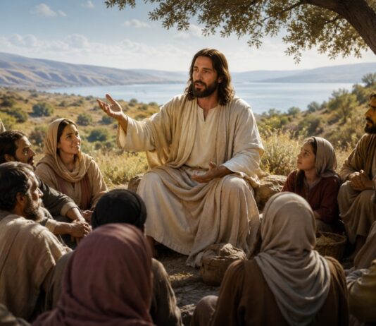 El Reino de Dios: aprender a vivir como discípulos a través de las parábolas Jesús enseña una parábola a una multitud reunida al aire libre mientras sus discípulos y el pueblo escuchan atentamente.