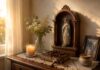 La Virgen siempre encuentra la manera de llegar a nosotros Pequeño altar doméstico con una imagen de la Virgen María sobre un mueble ornamental de madera, acompañado por una Biblia, un rosario, una vela encendida y flores blancas, iluminados por la luz cálida que entra por una ventana.