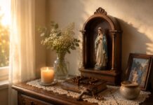La Virgen siempre encuentra la manera de llegar a nosotros Pequeño altar doméstico con una imagen de la Virgen María sobre un mueble ornamental de madera, acompañado por una Biblia, un rosario, una vela encendida y flores blancas, iluminados por la luz cálida que entra por una ventana.