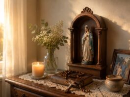 La Virgen siempre encuentra la manera de llegar a nosotros Pequeño altar doméstico con una imagen de la Virgen María sobre un mueble ornamental de madera, acompañado por una Biblia, un rosario, una vela encendida y flores blancas, iluminados por la luz cálida que entra por una ventana.