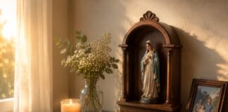 La Virgen siempre encuentra la manera de llegar a nosotros Pequeño altar doméstico con una imagen de la Virgen María sobre un mueble ornamental de madera, acompañado por una Biblia, un rosario, una vela encendida y flores blancas, iluminados por la luz cálida que entra por una ventana.