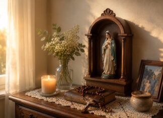 La Virgen siempre encuentra la manera de llegar a nosotros Pequeño altar doméstico con una imagen de la Virgen María sobre un mueble ornamental de madera, acompañado por una Biblia, un rosario, una vela encendida y flores blancas, iluminados por la luz cálida que entra por una ventana.