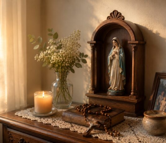 La Virgen siempre encuentra la manera de llegar a nosotros Pequeño altar doméstico con una imagen de la Virgen María sobre un mueble ornamental de madera, acompañado por una Biblia, un rosario, una vela encendida y flores blancas, iluminados por la luz cálida que entra por una ventana.