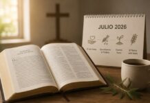 Julio: un buen mes para descubrir que las lecturas de la Misa cuentan una historia Biblia abierta junto a un calendario de julio de 2026, iluminados por una luz cálida, como símbolo del recorrido espiritual que proponen las lecturas dominicales de la Iglesia.