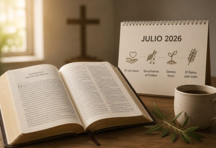Biblia abierta junto a un calendario de julio de 2026, iluminados por una luz cálida, como símbolo del recorrido espiritual que proponen las lecturas dominicales de la Iglesia.