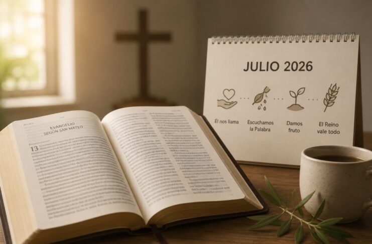 Julio: un buen mes para descubrir que las lecturas de la Misa cuentan una historia Biblia abierta junto a un calendario de julio de 2026, iluminados por una luz cálida, como símbolo del recorrido espiritual que proponen las lecturas dominicales de la Iglesia.
