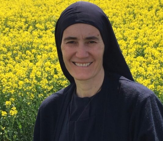 Madre María Elena: una mujer que decidió llevar a miles de personas al encuentro con Cristo La Madre María Elena sonríe frente a un amplio campo de flores amarillas, vistiendo su hábito religioso y un crucifijo sobre el pecho