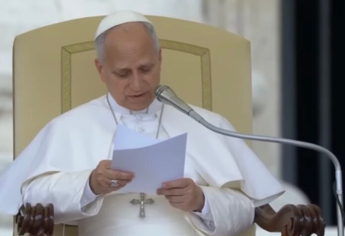 El Papa León XIV lee su catequesis durante la Audiencia General en la Plaza de San Pedro, dedicada a la Constitución Sacrosanctum Concilium y al valor de los signos y símbolos en la liturgia.